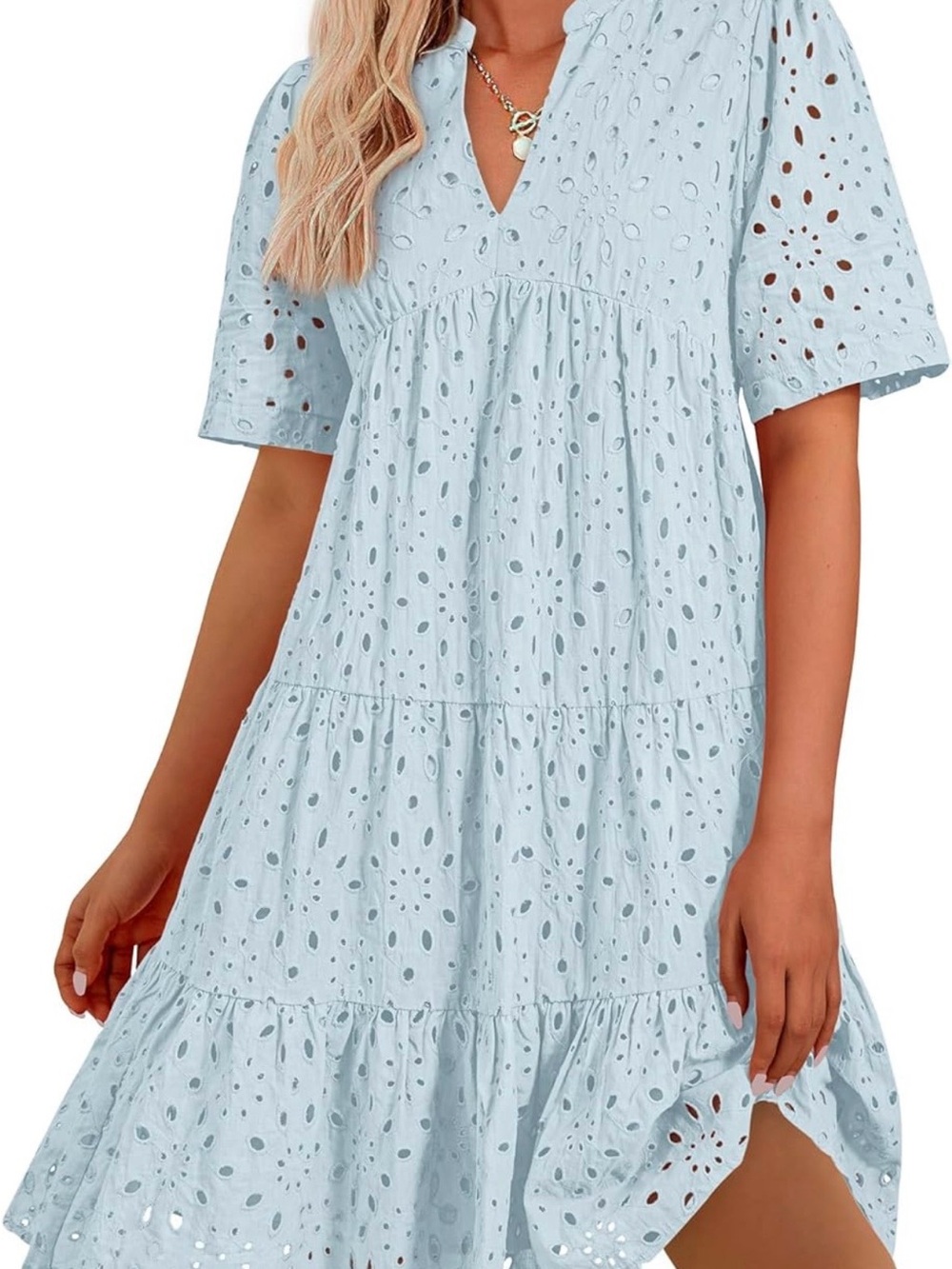 Pale Blue Eyelet Tiered Midi Dress